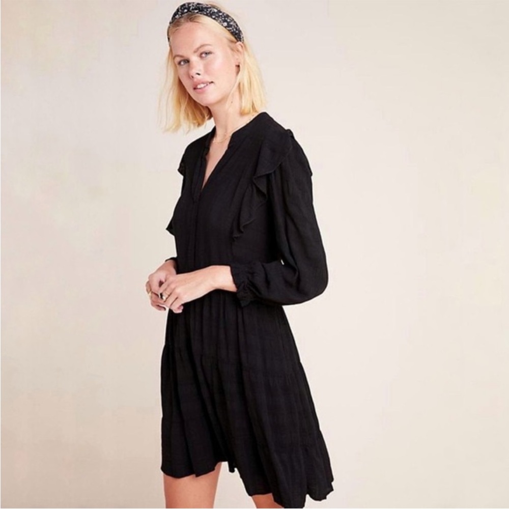 Amadi Anthropologie Black Rossie Ruffle Tunic Dress SIZE medium